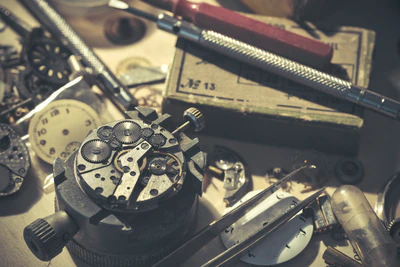 Watch mechanism recording: open watch movement on a workbench with tools.